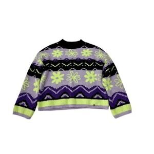 Justice Girls Sweater‎ L 12 14 Purple Black Neon Floral Knit Pullover